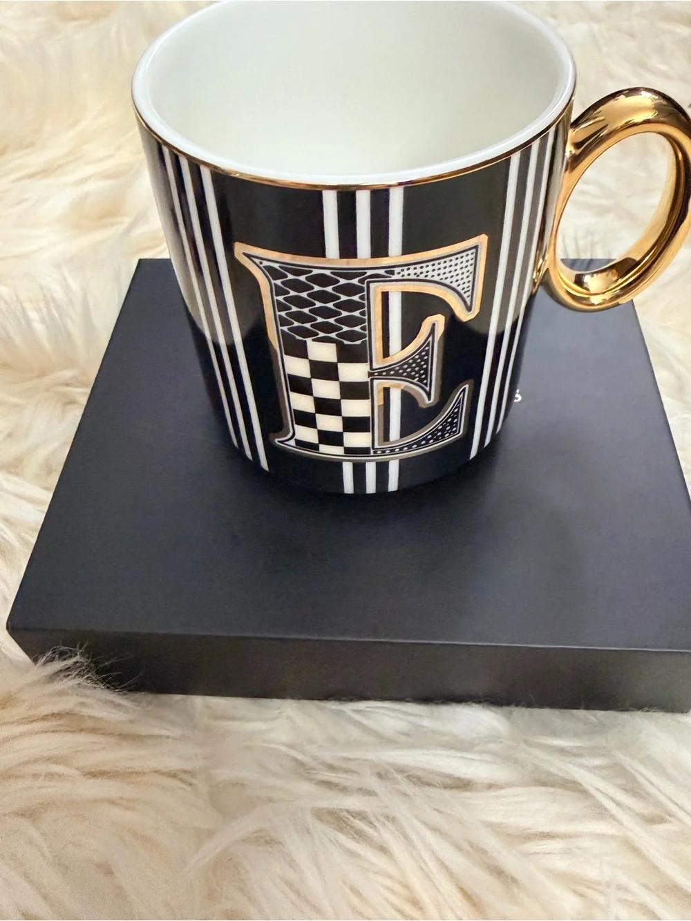MacKenzie-Childs Black & Gold Monogram 'E' Mug